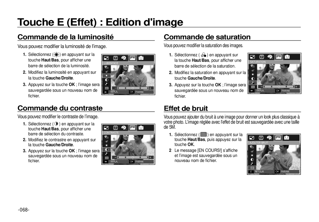 Samsung EC-I100ZBBA/FR, EC-I100ZGBA/E3 Touche E Effet Edition dimage, Commande de la luminosité, Commande de saturation 