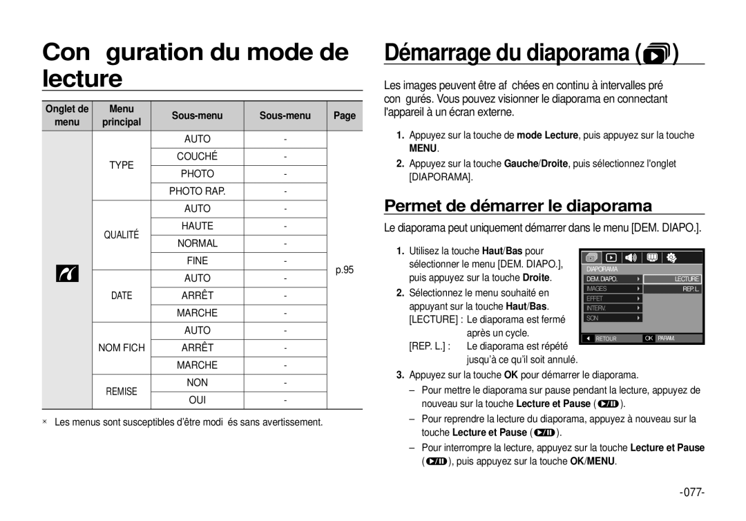 Samsung EC-I100ZBBA/E3, EC-I100ZGBA/E3 manual Démarrage du diaporama, Permet de démarrer le diaporama, 077, Menu Sous-menu 