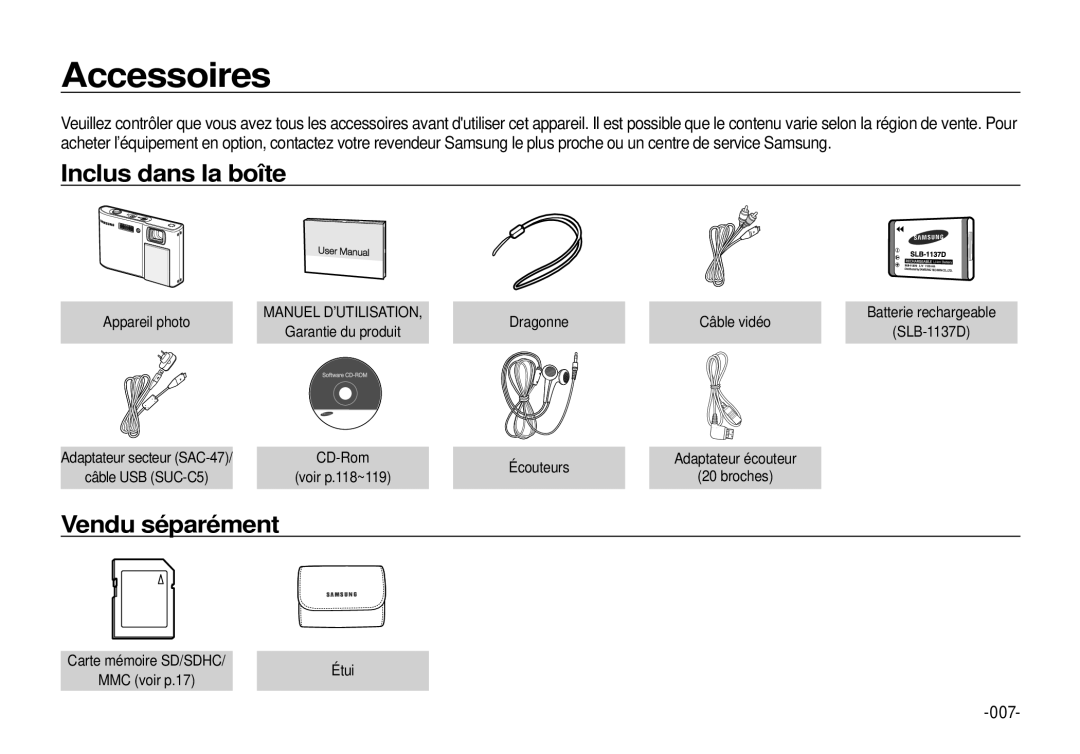 Samsung EC-I100ZGBA/E3, EC-I100ZSBA/FR, EC-I100ZGBA/FR manual Accessoires, Inclus dans la boîte, Vendu séparément, 007 