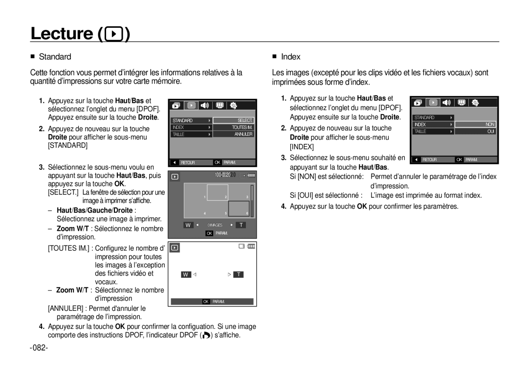 Samsung EC-I100ZSBA/E3, EC-I100ZGBA/E3, EC-I100ZSBA/FR, EC-I100ZGBA/FR manual Standard, 082, Index, Haut/Bas/Gauche/Droite 