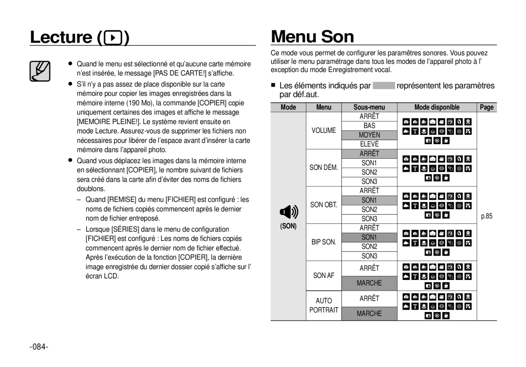 Samsung EC-I100ZBBA/FR, EC-I100ZGBA/E3, EC-I100ZSBA/FR, EC-I100ZGBA/FR, EC-I100ZSBA/E3 manual Menu Son, 084, Mode disponible 