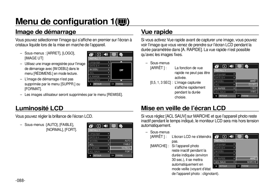 Samsung EC-I100ZSBA/FR, EC-I100ZGBA/E3 manual Image de démarrage Vue rapide, Luminosité LCD, Mise en veille de l’écran LCD 