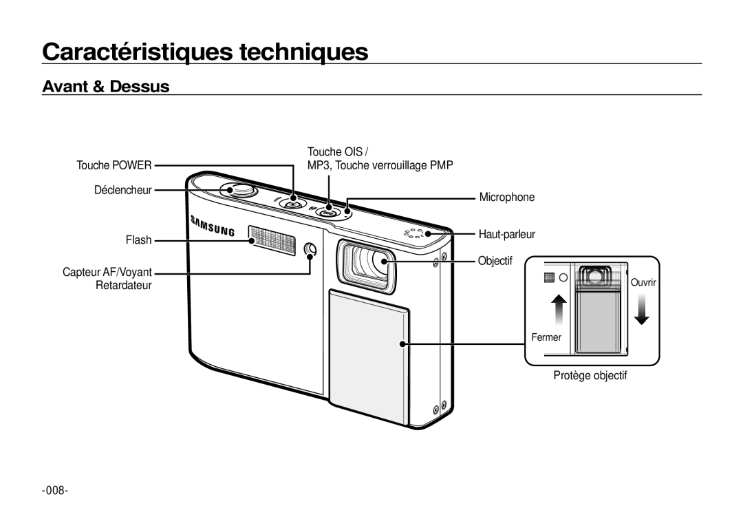 Samsung EC-I100ZSBA/FR, EC-I100ZGBA/E3, EC-I100ZGBA/FR, EC-I100ZSBA/E3 manual Caractéristiques techniques, Avant & Dessus 