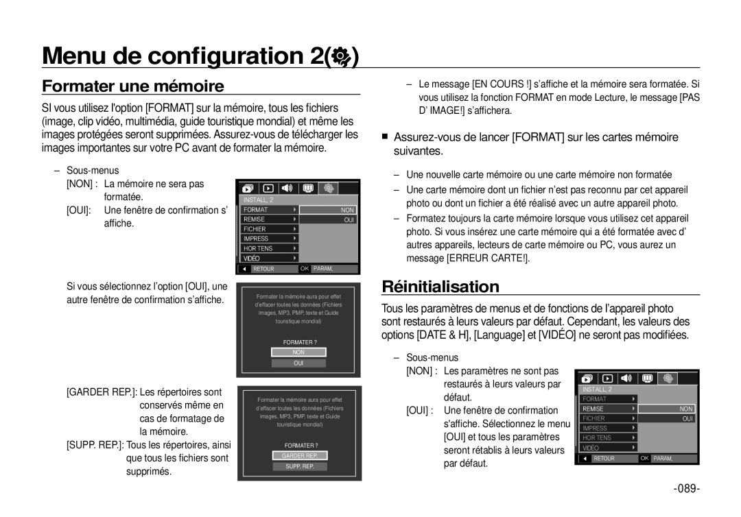 Samsung EC-I100ZGBA/FR, EC-I100ZGBA/E3, EC-I100ZSBA/FR, EC-I100ZSBA/E3 manual Formater une mémoire, Réinitialisation, 089 