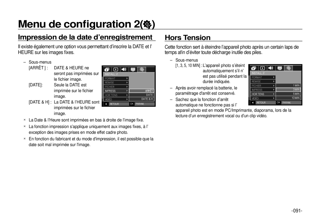 Samsung EC-I100ZRBA/E3, EC-I100ZGBA/E3, EC-I100ZSBA/FR manual Impression de la date d’enregistrement, Hors Tension, 091 