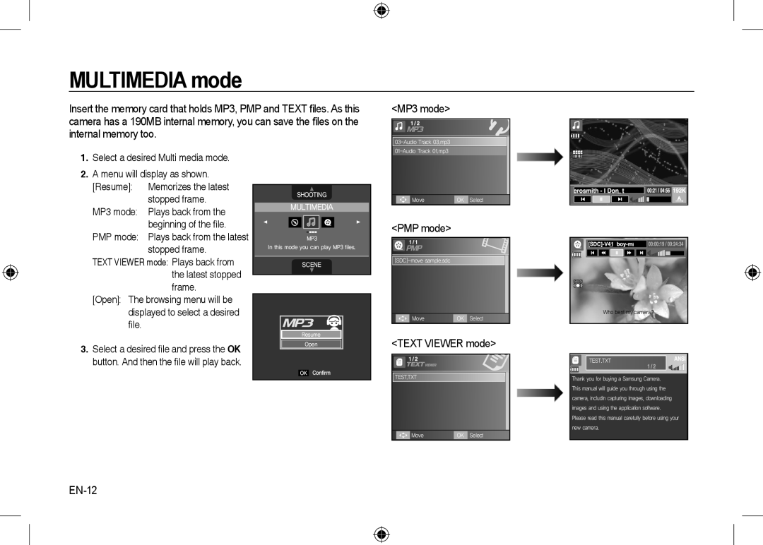 Samsung EC-I100ZSBA/IT manual MP3 mode, PMP mode, TEXT VIEWER mode, EN-12, MULTIMEDIA mode, Multimedia, Shooting, Scene 