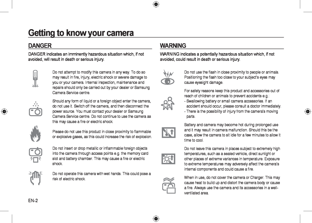 Samsung EC-I100ZGBA/FR, EC-I100ZGBA/E3, EC-I100ZSBA/FR, EC-I100ZSBA/E3 manual Danger, EN-2, Getting to know your camera 