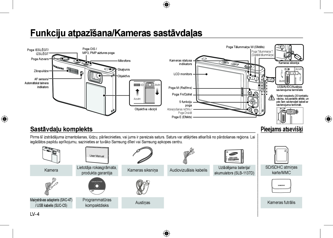 Samsung EC-I100ZSBA/IT manual Funkciju atpazīšana/Kameras sastāvdaļas, Sastāvdaļu komplekts, LV-4, Pieejams atsevišķi 