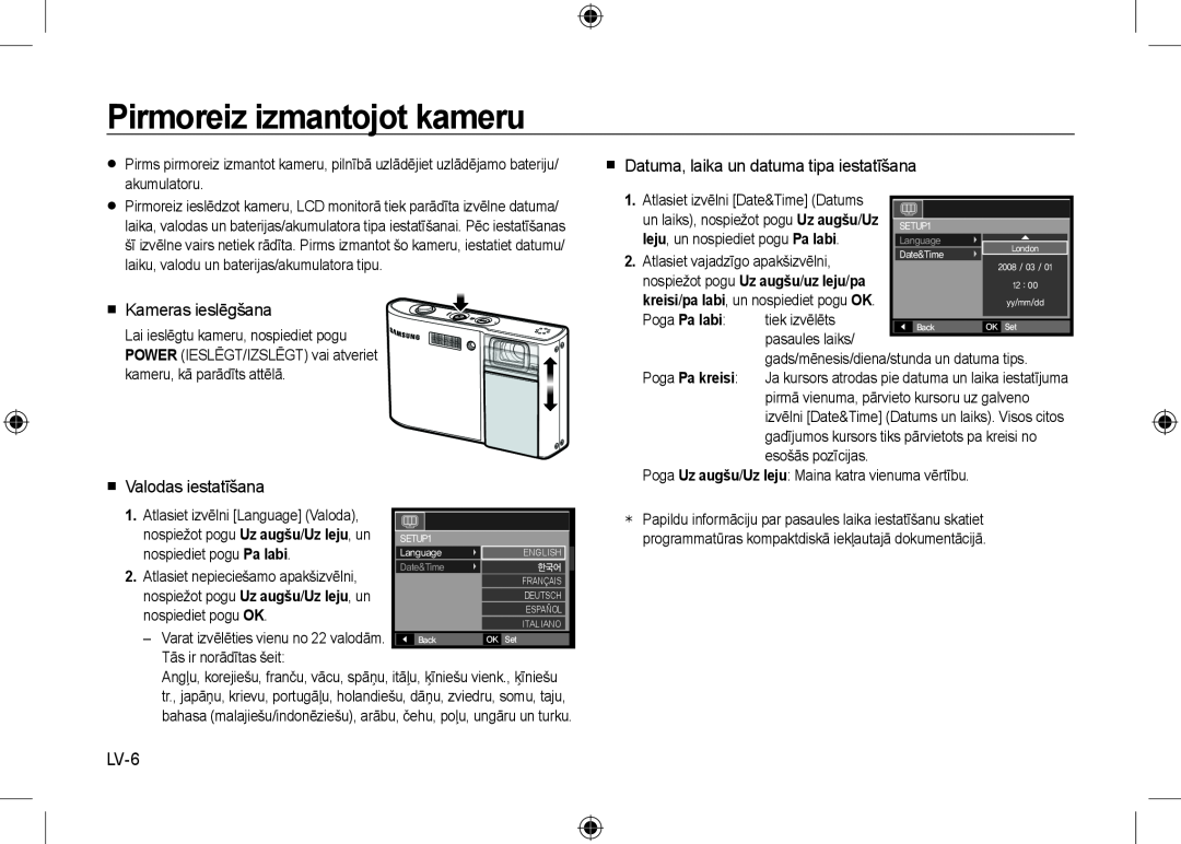 Samsung EC-I100ZSBA/E1 manual Pirmoreiz izmantojot kameru,  Kameras ieslēgšana,  Valodas iestatīšana, LV-6, Poga Pa labi 