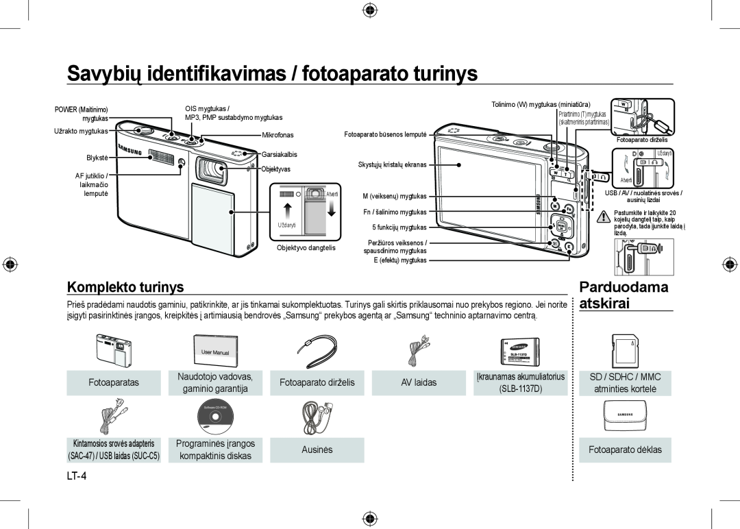 Samsung EC-I100ZGBA/E3 manual Savybių identiﬁkavimas / fotoaparato turinys, Komplekto turinys, Parduodama, atskirai, LT-4 