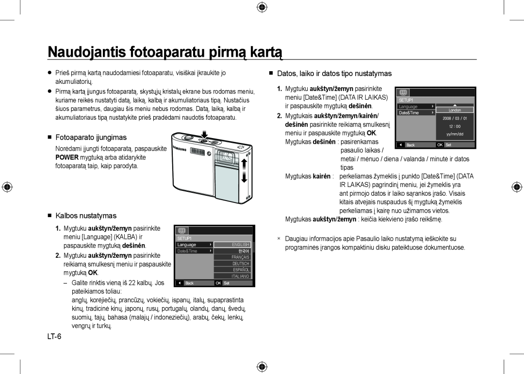 Samsung EC-I100ZGBA/FR manual Naudojantis fotoaparatu pirmą kartą,  Fotoaparato įjungimas,  Kalbos nustatymas, LT-6 