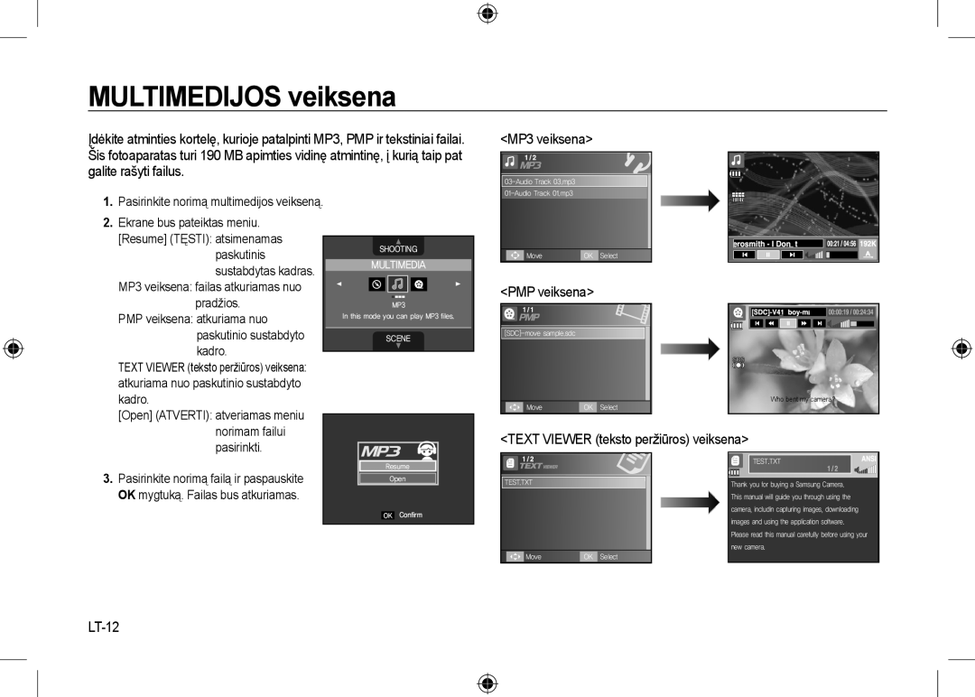 Samsung EC-I100ZRBA/IT MP3 veiksena, PMP veiksena, TEXT VIEWER teksto peržiūros veiksena, LT-12, MULTIMEDIJOS veiksena 