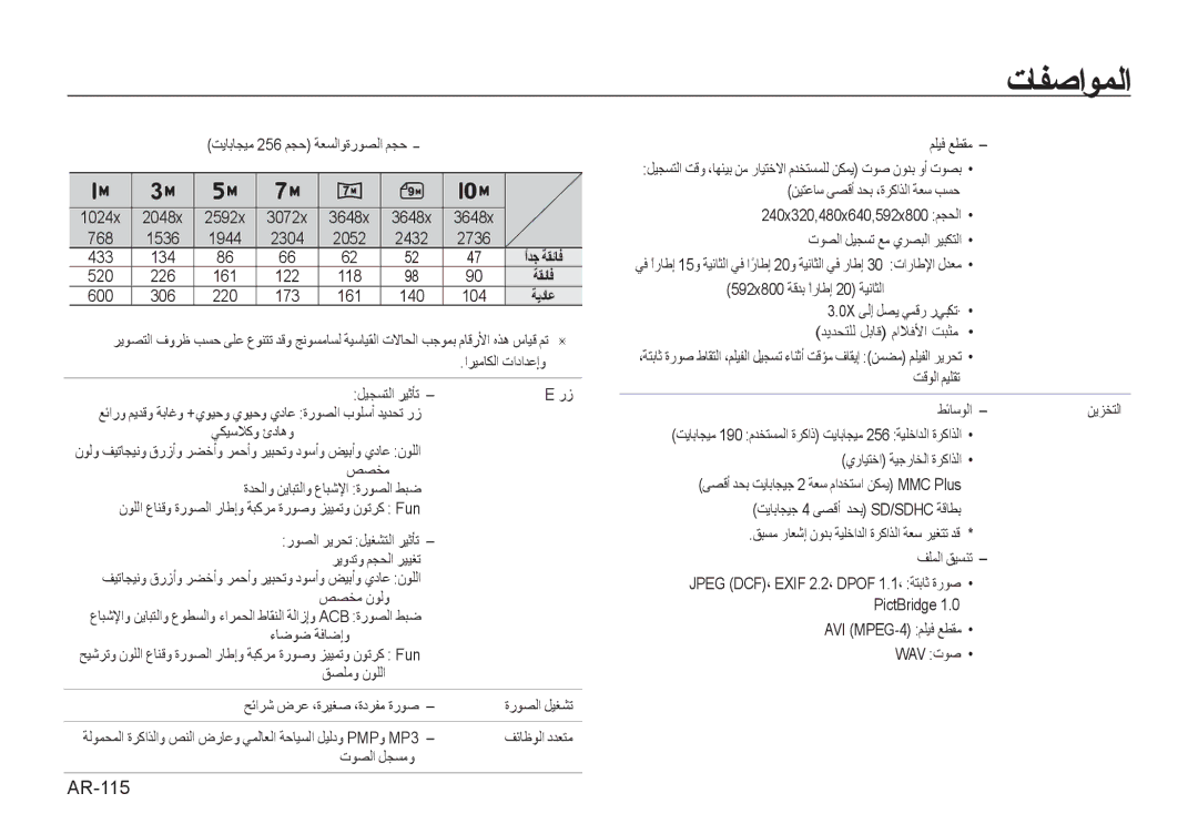 Samsung EC-I100ZRBB/AS, EC-I100ZNBA/AS, EC-I100ZABA/AS, EC-I100ZSBB/AS, EC-I100ZBBB/AS, EC-I100ZGBB/AS manual ﺕﺎﻔﺻﺍﻮﻤﻟﺍ, AR-115 