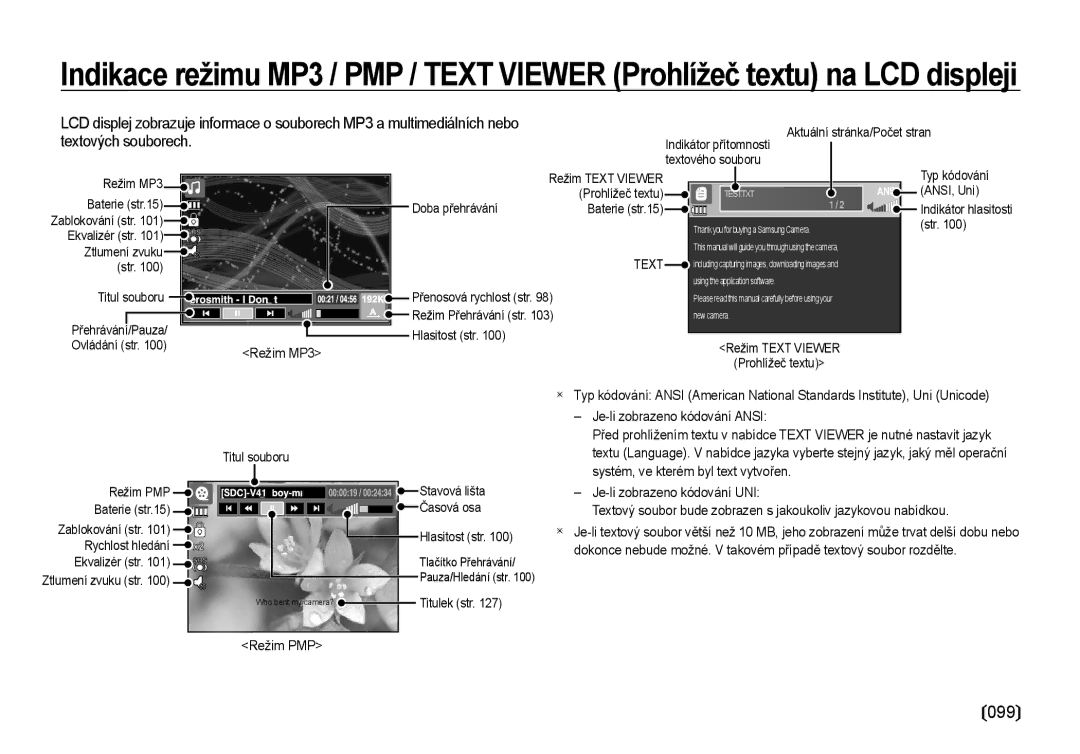 Samsung EC-I100ZSBA/E3, EC-I100ZABA/E3 manual Textových souborech, Režim MP3, Režim PMP, Je-li zobrazeno kódování Ansi 