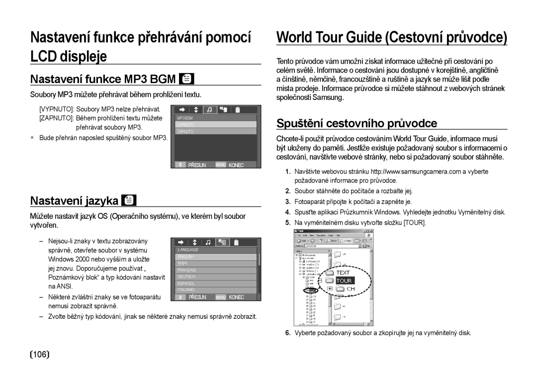 Samsung EC-I100ZABA/E3, EC-I100ZSBA/E3 manual Nastavení funkce MP3 BGM, Spuštění cestovního průvodce, Nastavení jazyka 