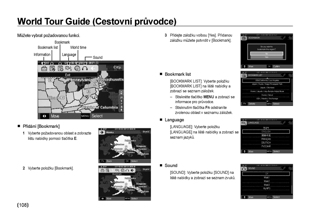 Samsung EC-I100ZABA/E3, EC-I100ZSBA/E3 Můžete vybrat požadovanou funkci, Bookmark list, Přidání Bookmark, Language, Sound 