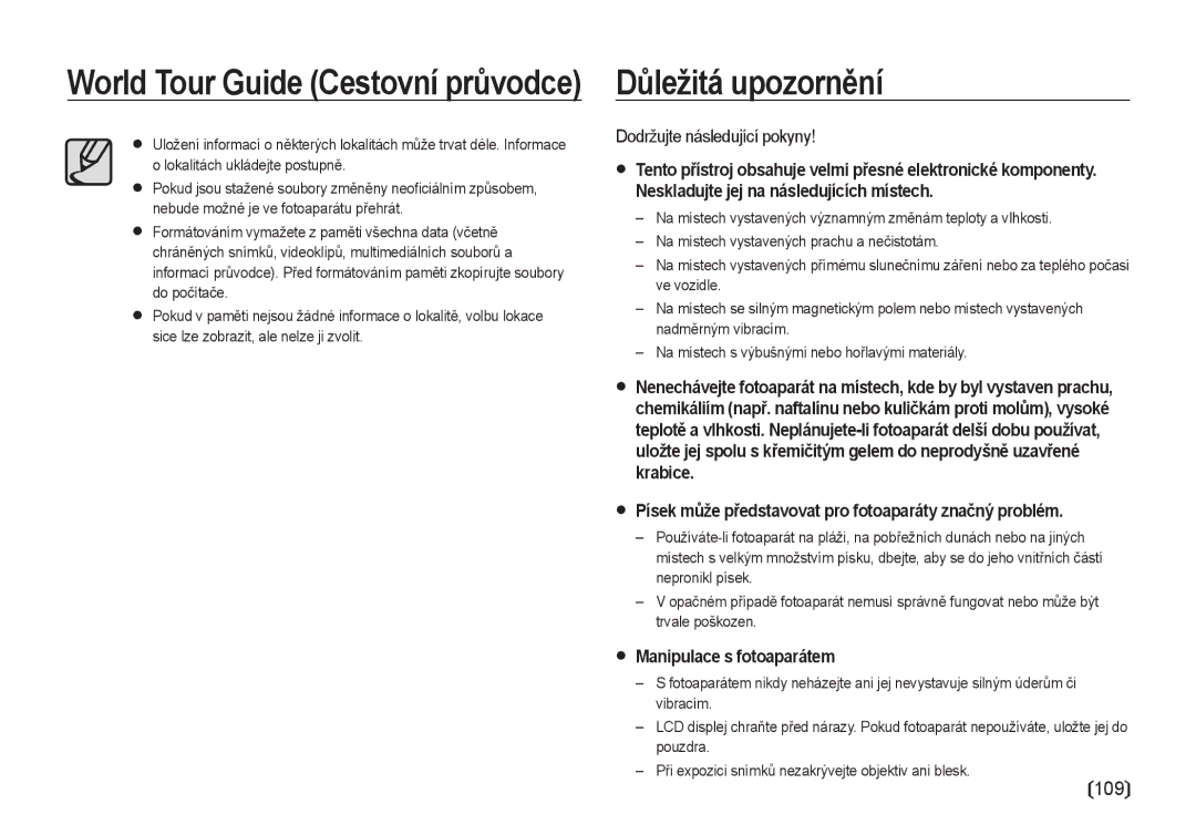 Samsung EC-I100ZSBA/E3 manual World Tour Guide Cestovní průvodce Důležitá upozornění, Dodržujte následující pokyny 