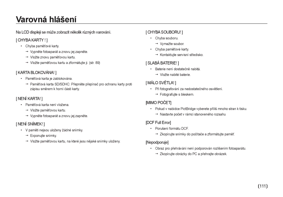 Samsung EC-I100ZSBA/E3, EC-I100ZABA/E3 manual Varovná hlášení, DCF Full Error, Nepodporuje 