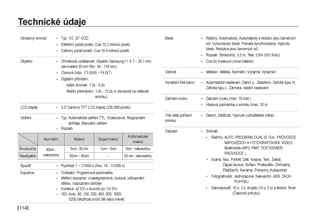 Samsung EC-I100ZABA/E3, EC-I100ZSBA/E3 manual Technické údaje, Průvodce, Pohybu 