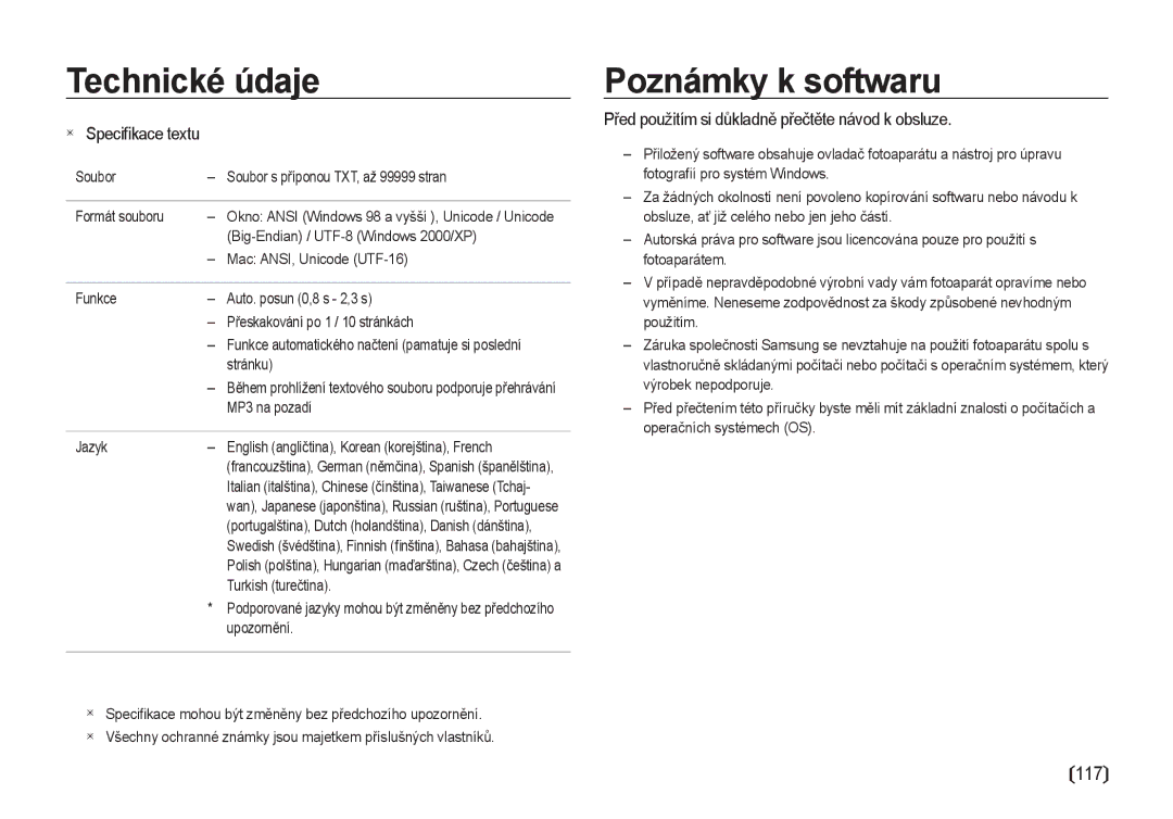 Samsung EC-I100ZSBA/E3 manual Poznámky k softwaru, Speciﬁkace textu, Před použitím si důkladně přečtěte návod k obsluze 