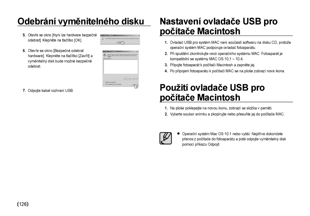 Samsung EC-I100ZABA/E3 manual Nastavení ovladače USB pro počítače Macintosh, Použití ovladače USB pro počítače Macintosh 