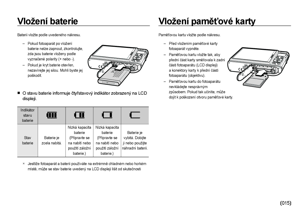 Samsung EC-I100ZSBA/E3 manual Vložení baterie, Vložení paměťové karty, Baterii vložte podle uvedeného nákresu, Indikátor 