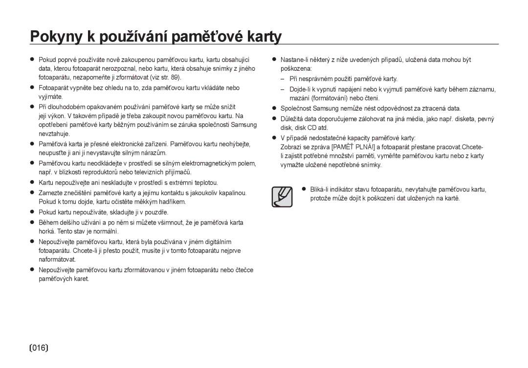 Samsung EC-I100ZABA/E3, EC-I100ZSBA/E3 manual Pokyny k používání paměťové karty 