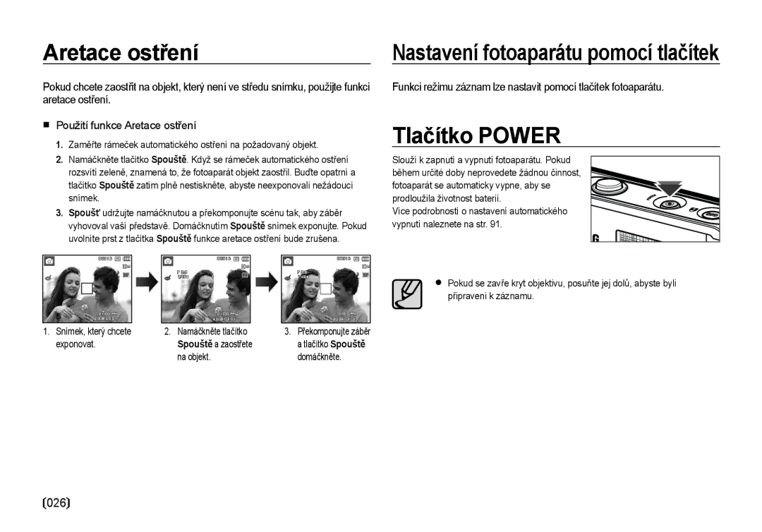 Samsung EC-I100ZABA/E3 manual Aretace ostření, Tlačítko Power, Zaměřte rámeček automatického ostření na požadovaný objekt 