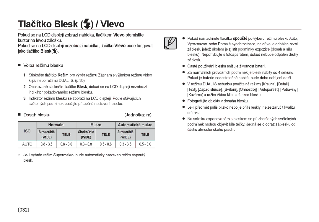 Samsung EC-I100ZABA/E3, EC-I100ZSBA/E3 manual Tlačítko Blesk / Vlevo, Volba režimu blesku, Normální Makro, Automatické makro 