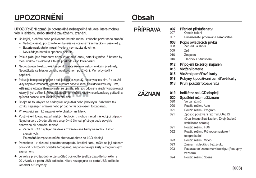 Samsung EC-I100ZSBA/E3, EC-I100ZABA/E3 manual Obsah 