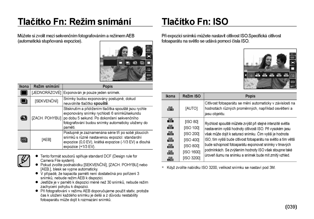 Samsung EC-I100ZSBA/E3, EC-I100ZABA/E3 manual Tlačítko Fn Režim snímání Tlačítko Fn ISO, Auto 