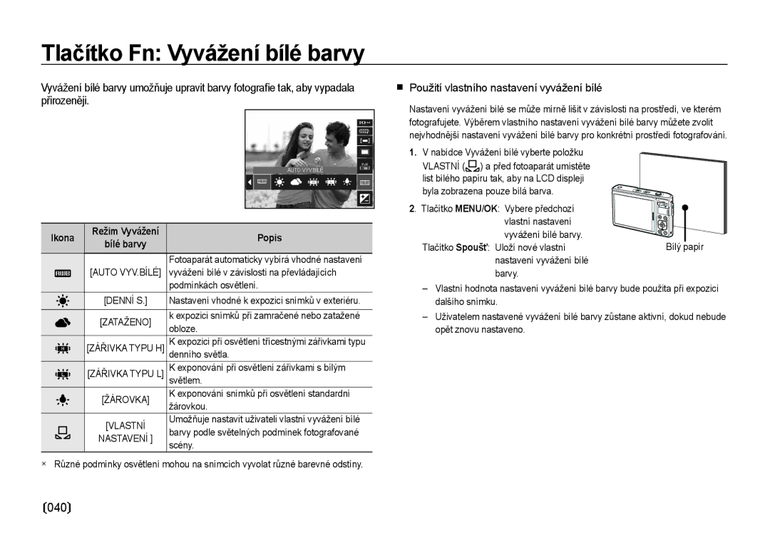 Samsung EC-I100ZABA/E3, EC-I100ZSBA/E3 manual Tlačítko Fn Vyvážení bílé barvy, Použití vlastního nastavení vyvážení bílé 