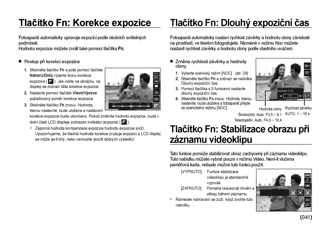 Samsung EC-I100ZSBA/E3 manual Tlačítko Fn Korekce expozice, Tlačítko Fn Dlouhý expoziční čas, Postup při korekci expozice 