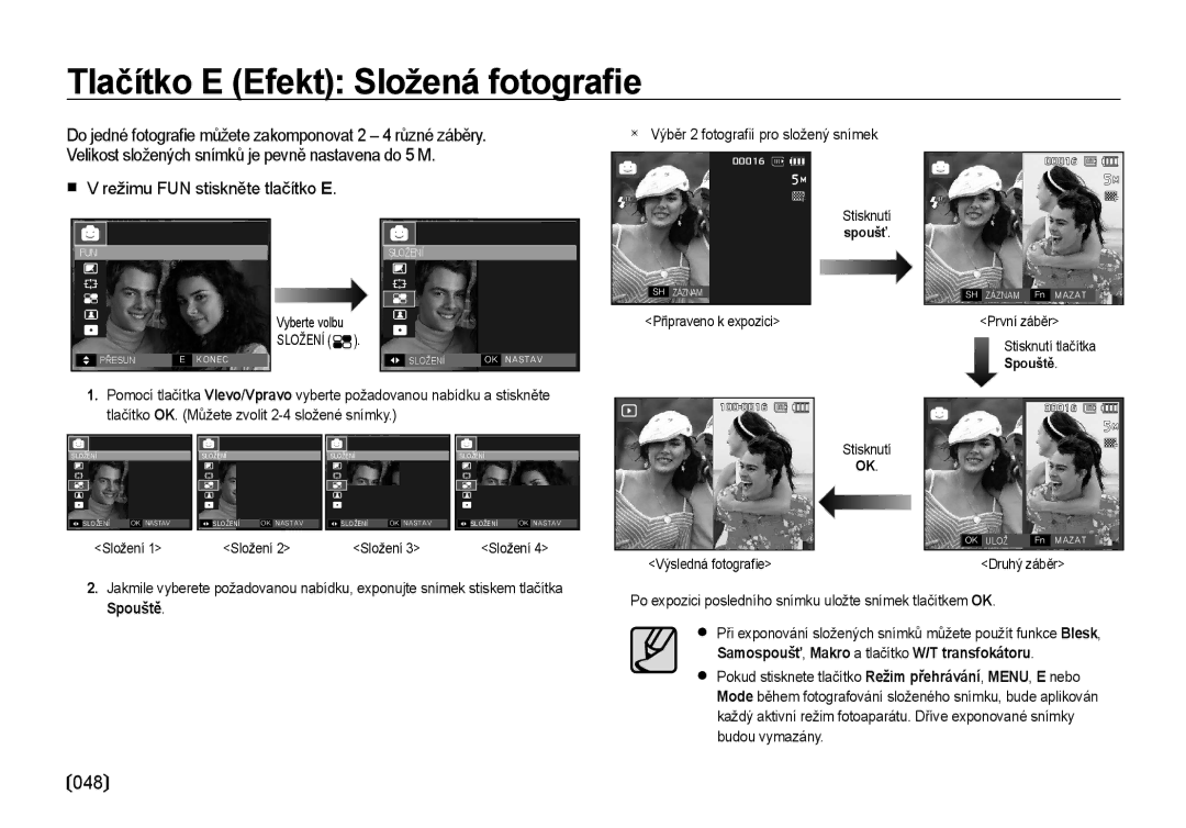 Samsung EC-I100ZABA/E3, EC-I100ZSBA/E3 Tlačítko E Efekt Složená fotograﬁe, Výběr 2 fotograﬁí pro složený snímek, Spoušť 