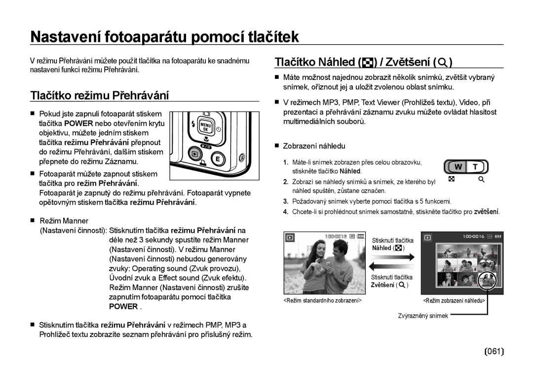 Samsung EC-I100ZSBA/E3 manual Nastavení fotoaparátu pomocí tlačítek, Tlačítko režimu Přehrávání, Tlačítko Náhled / Zvětšení 