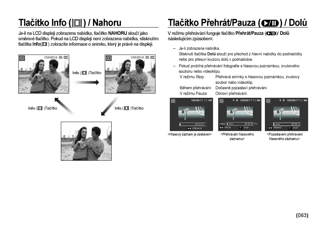 Samsung EC-I100ZSBA/E3, EC-I100ZABA/E3 manual Tlačítko Info / Nahoru 