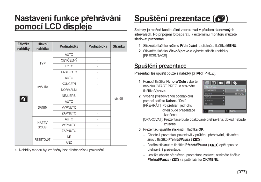 Samsung EC-I100ZSBA/E3, EC-I100ZABA/E3 manual Nastavení funkce přehrávání pomocí LCD displeje, Spuštění prezentace 