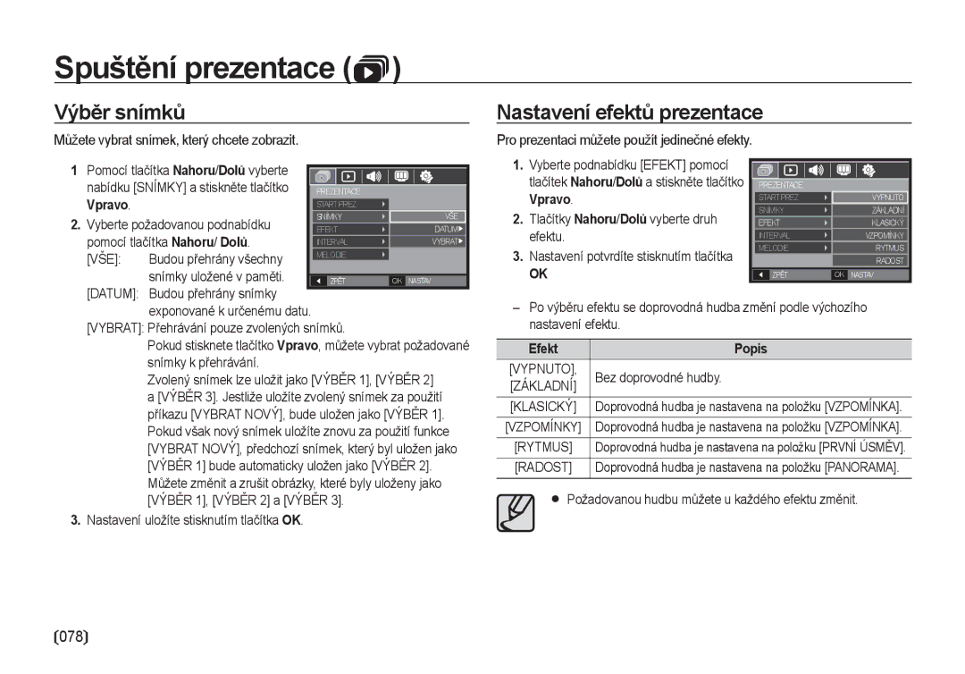 Samsung EC-I100ZABA/E3 Výběr snímků, Nastavení efektů prezentace, Můžete vybrat snímek, který chcete zobrazit, Efekt Popis 