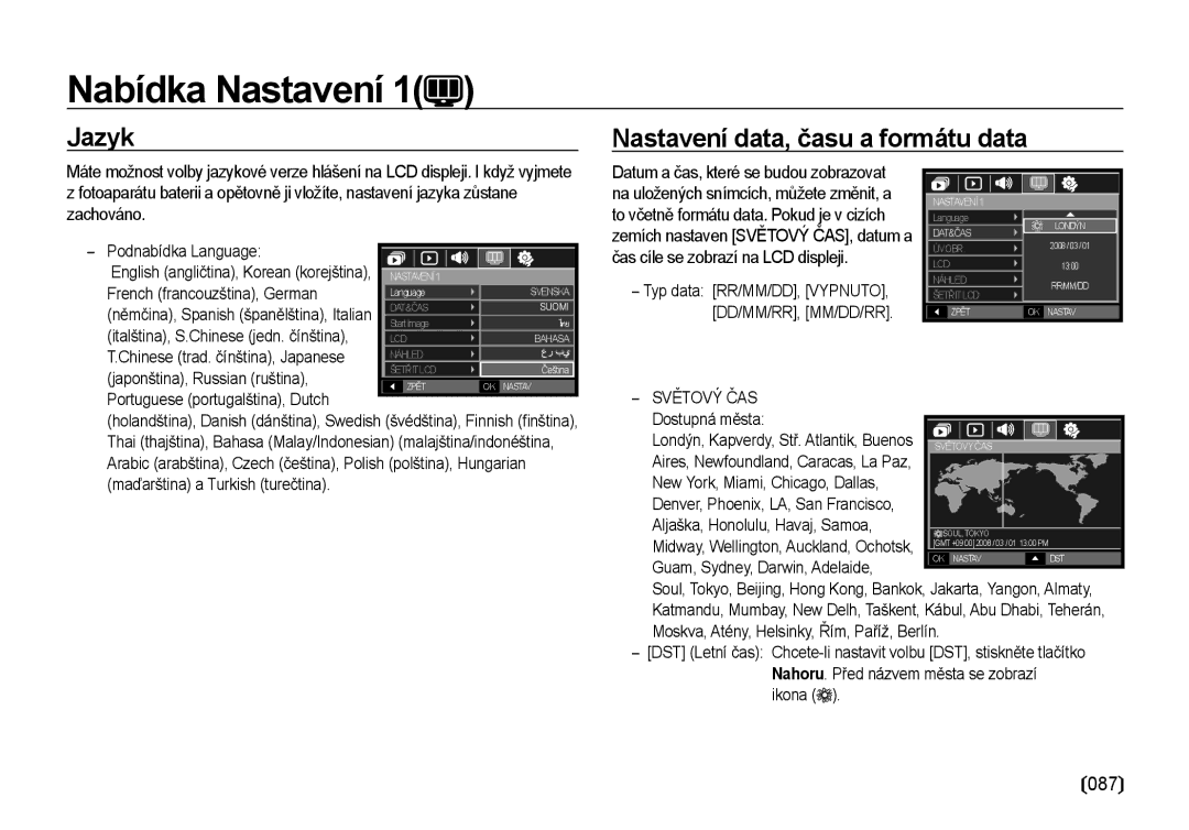 Samsung EC-I100ZSBA/E3, EC-I100ZABA/E3 manual Jazyk Nastavení data, času a formátu data, Světový ČAS 