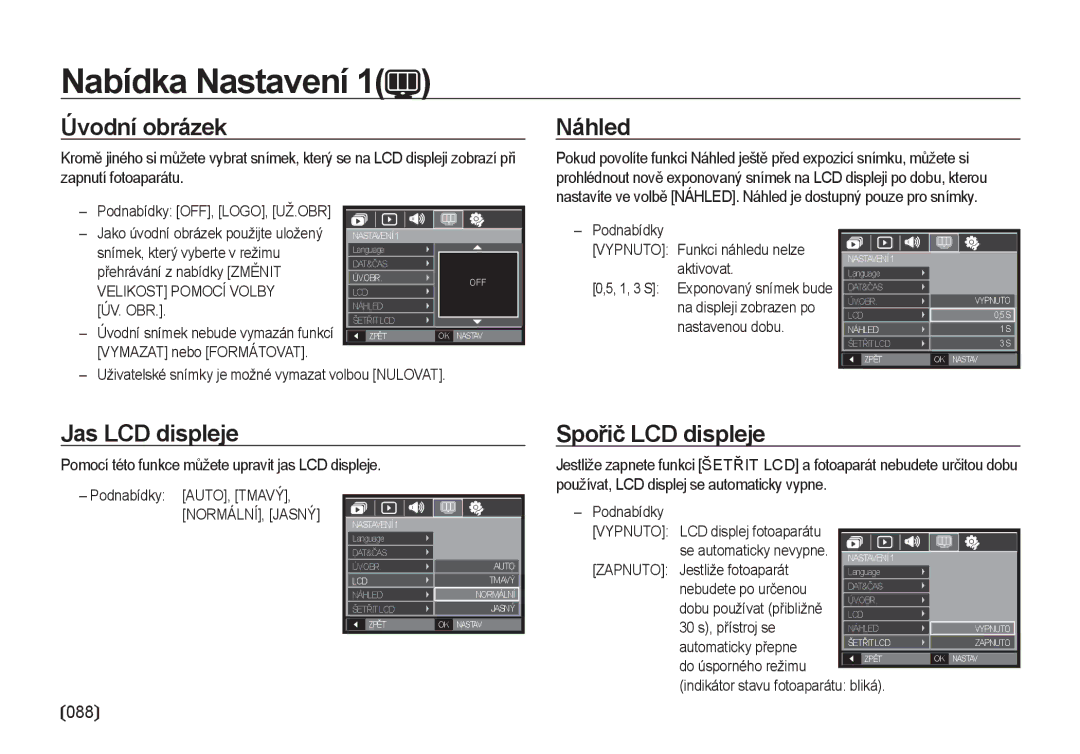 Samsung EC-I100ZABA/E3, EC-I100ZSBA/E3 manual Úvodní obrázek, Náhled, Jas LCD displeje, Spořič LCD displeje 