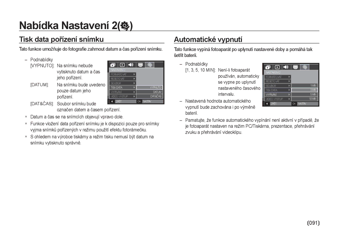 Samsung EC-I100ZSBA/E3, EC-I100ZABA/E3 manual Tisk data pořízení snímku, Automatické vypnutí, Datum 