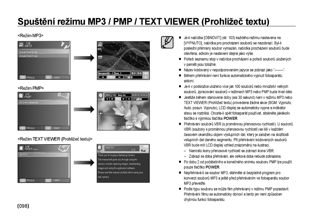 Samsung EC-I100ZABA/E3, EC-I100ZSBA/E3 manual Namísto ikony přenosové rychlosti se zobrazí ikona VBR, Režim PMP 