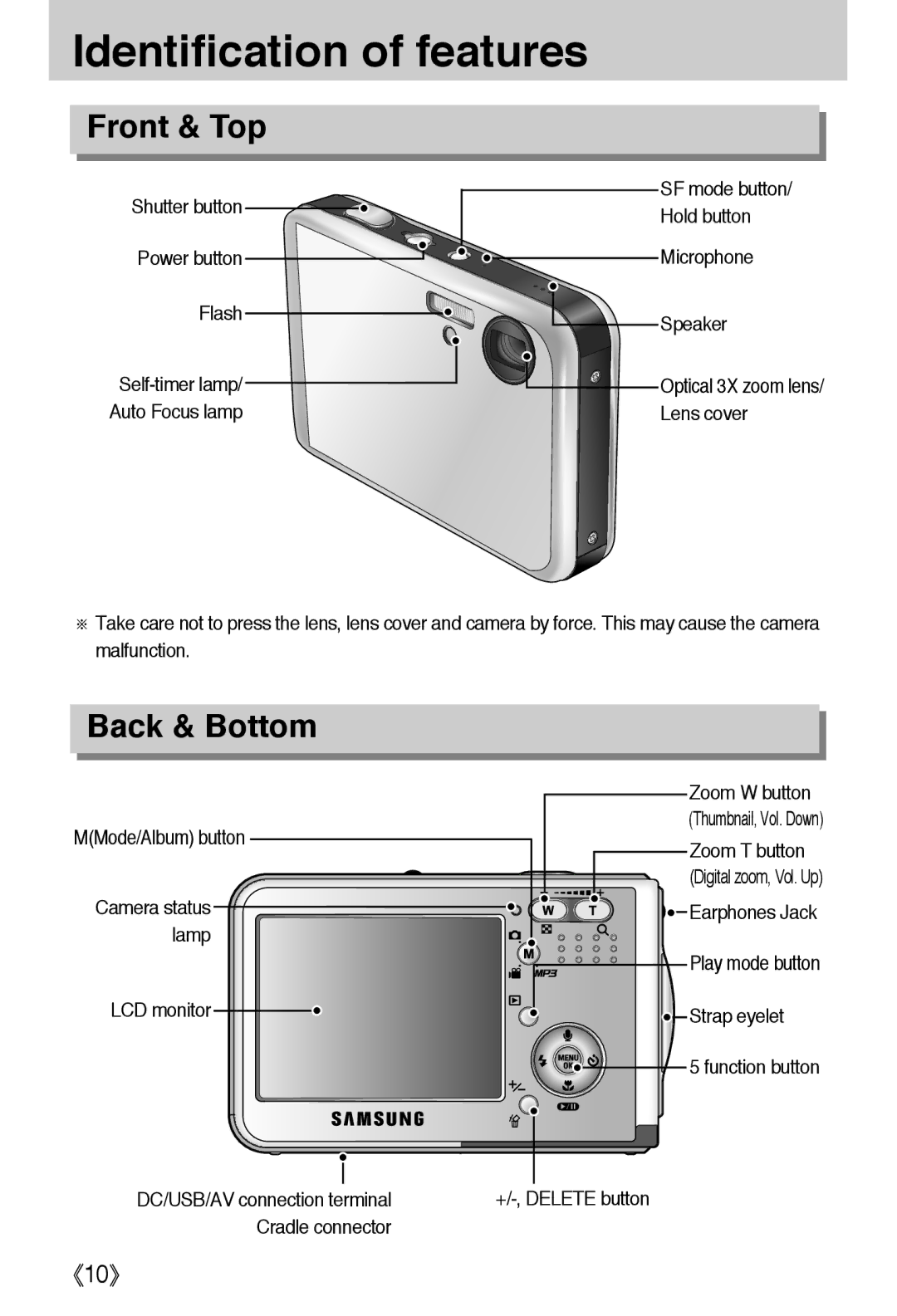 Samsung EC-I50ZZSBA/FR manual Identification of features, Front & Top, Back & Bottom, MMode/Album button, Cradle connector 