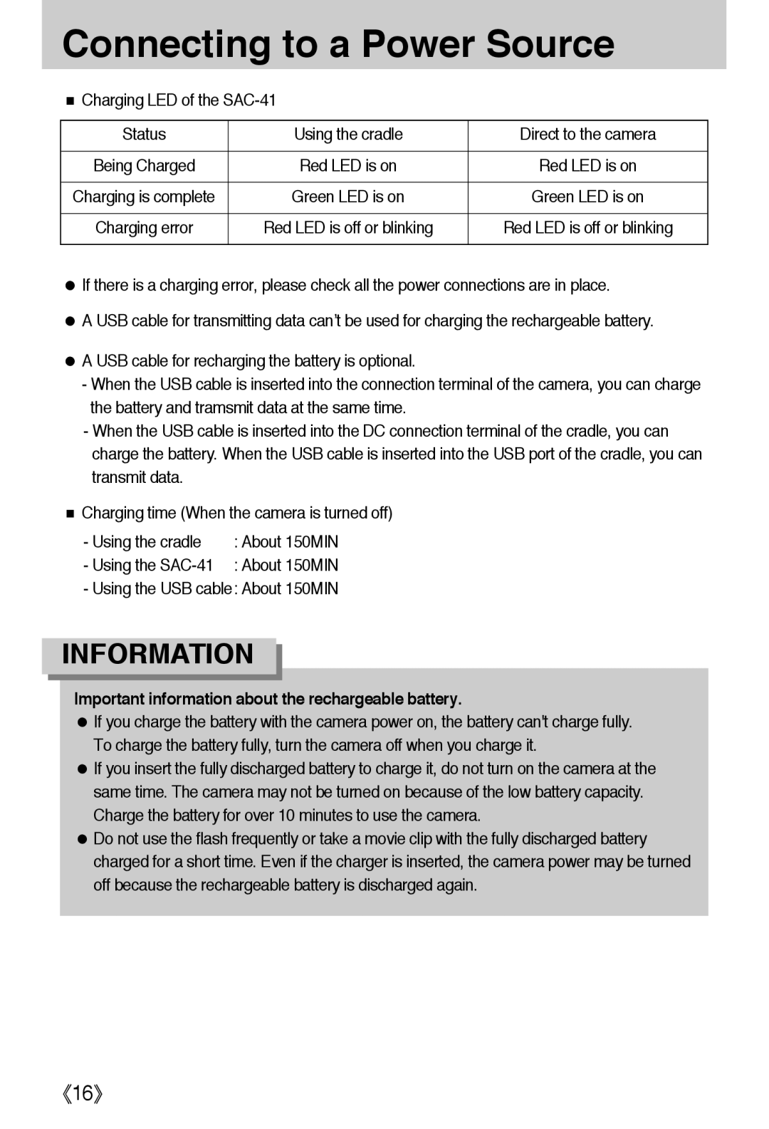 Samsung EC-I50ZZSBA/AS manual Using the USB cable About 150MIN, Important information about the rechargeable battery 