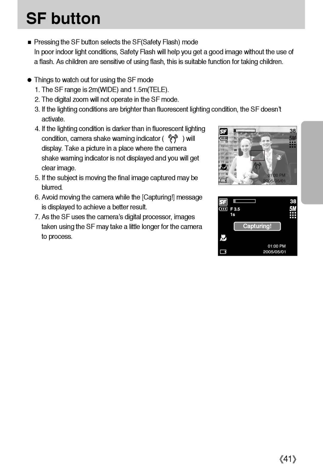 Samsung EC-I50ZZSBA/SP manual Pressing the SF button selects the SFSafety Flash mode, Clear image, Blurred, To process 