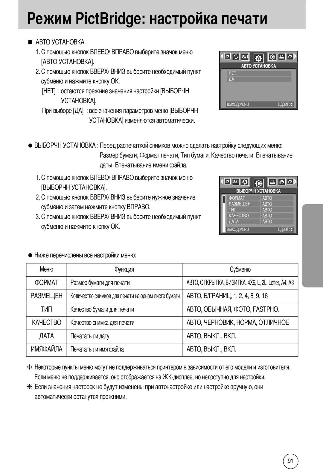 Samsung EC-I50ZZSBB/AS manual ежим PictBridge настройка печати, У все значения параметров меню У, даты, А А А А А А 