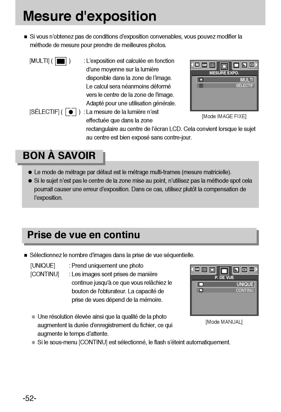 Samsung EC-I50ZZBBA/FR, EC-I50ZZRBA/FR manual Mesure dexposition, Prise de vue en continu, Multi, Unique 