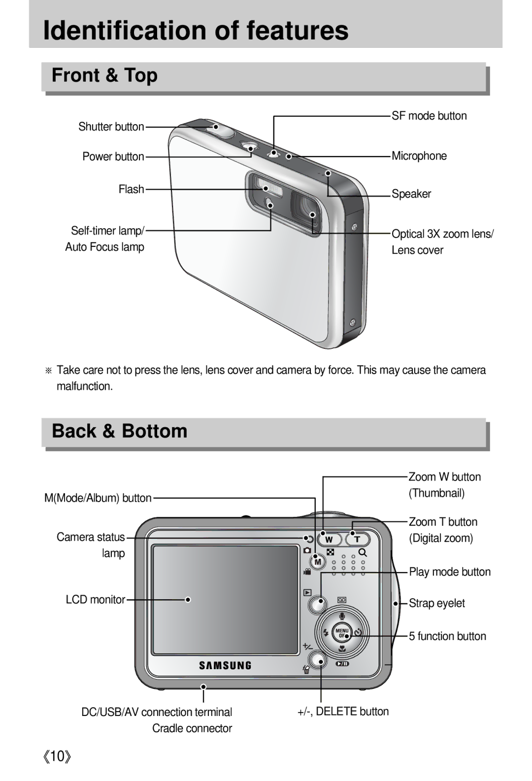 Samsung EC-I5ZZZSBB/E1, EC-I5ZZZRBA/US, EC-I5ZZZSBB/GB manual Identification of features, Front & Top, Back & Bottom 