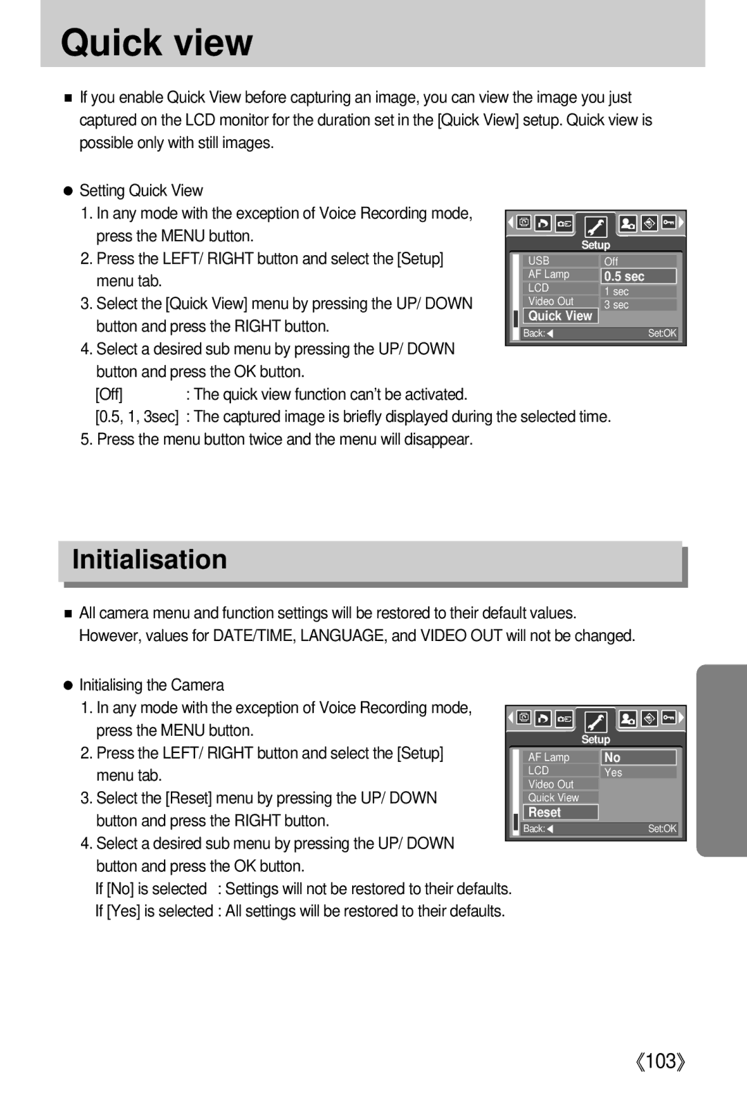 Samsung EC-I5ZZZSBB/AS, EC-I5ZZZRBA/US, EC-I5ZZZSBB/GB, EC-I5ZZZSBC/DE, EC-I5ZZZSBC/E1 manual Quick view, Initialisation 