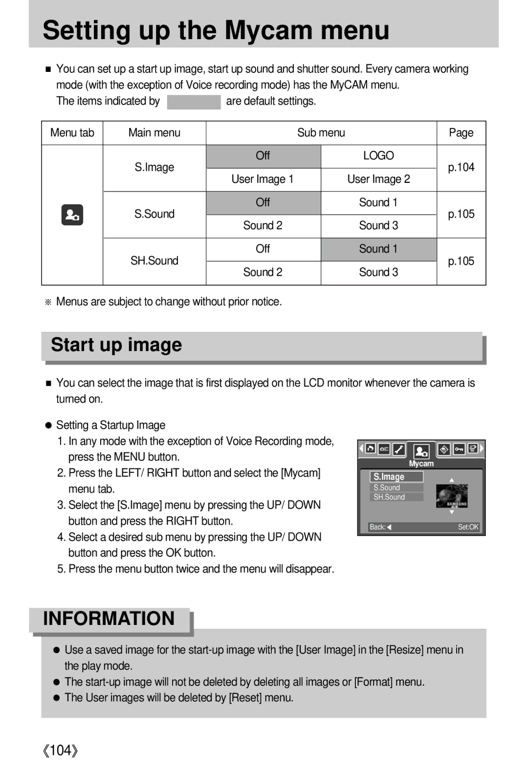 Samsung EC-I5ZZZRBA/US, EC-I5ZZZSBB/GB, EC-I5ZZZSBC/DE, EC-I5ZZZSBC/E1 manual Setting up the Mycam menu, Start up image 